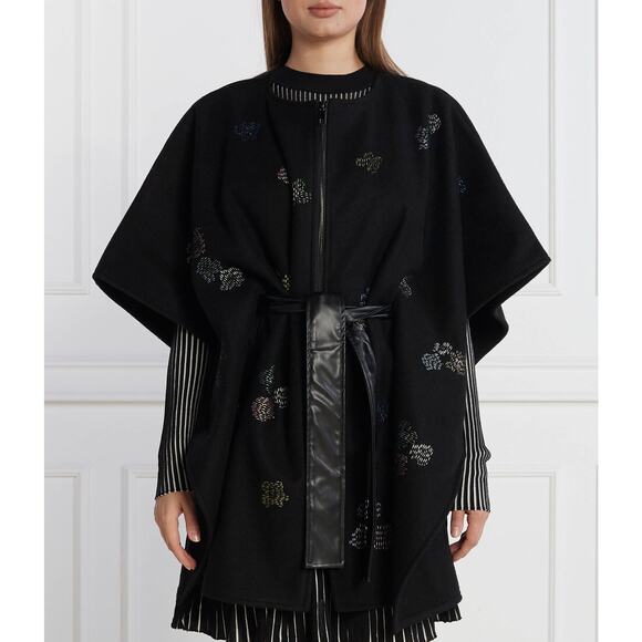 Desigual Black Embroidery Loose Fit Full Zip Belt Poncho Coat size OS